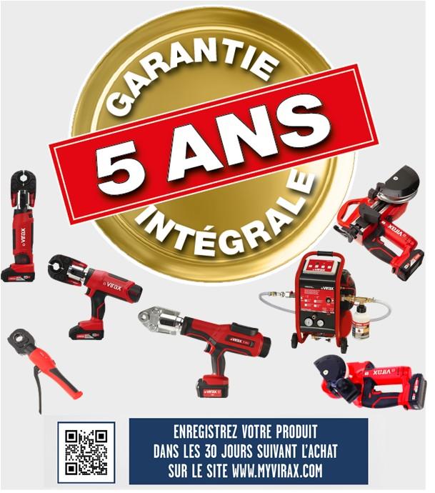Garantie 5 ans pour les sertisseuses M2X, L2X, P25 et désemboueuses Virafal - Conditions sur www.myvirax.com