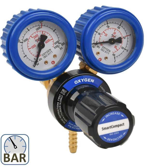 Détendeur Frontal SmartCompact Oxygène - 200 bars amont - 4 bars aval - Entrée arrière type F - Sortie olive pour tuyau Ø 6 mm