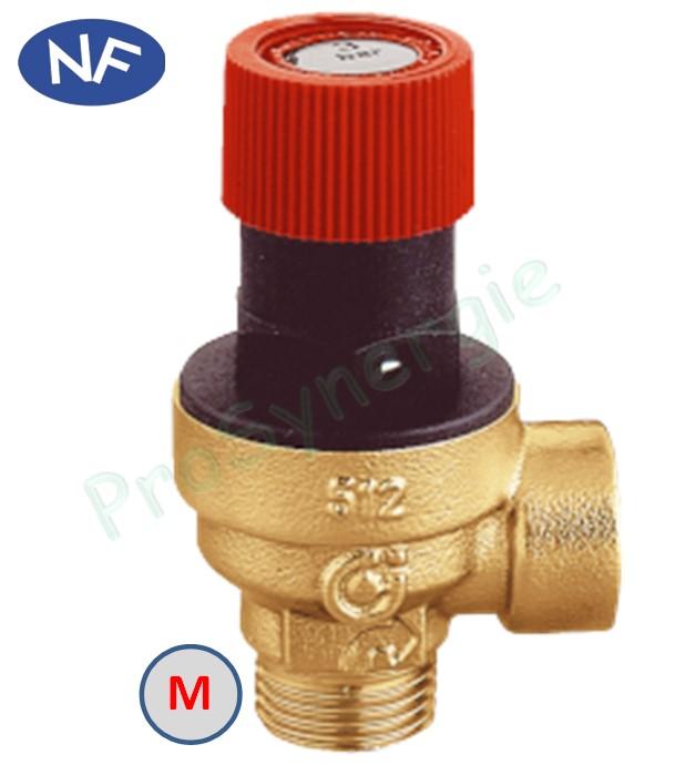 Soupape laiton NF 3 bars 110°C sécurité chauffage - MF Ø 1/2''
