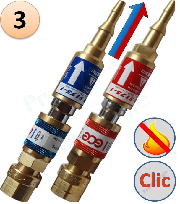 Raccord anti-retour pare flamme SafeGuard 2 + Raccord rapide Stoptac - Montage Détendeur - Paire Oxygène + Gaz combustible - Entrée M16x1,5 (droite) + M16x1,5 (gauche) - Sortie Tuyau 6-10