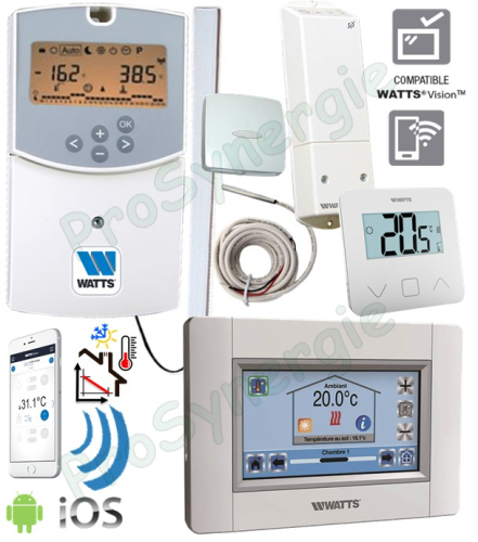 Kit régulation climatique chauffage (loi d´eau) pour circuit régulé (sur vanne de mélange motorisée) avec dérogation d'ambiance Watts Vision connecté (pilotable à distance)