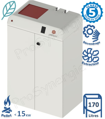 PK15 - Chaudière compacte Granulés/Pellet 4 à 15 KW avec trémie stockage 170 litres + régulation chauffage - Dimensions (LxPxH) = 800 x 500 x 1320mm - Raccord fumée Ø 80mm