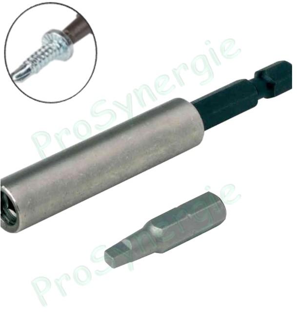 Kit embout carré R2 L25 (embase hexa 1/4'') + porte embout magnétique pour visseuse pour vis autoforeuses d´assemblage de tuyaux acier de ventilation
