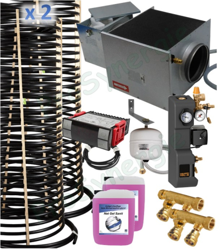 Kit puits géothermique Echangeur hydraulique deux  corbeilles  (environ 2KW) avec pompe et sécurité + batterie avec filtre à air Ø160mm et régulation