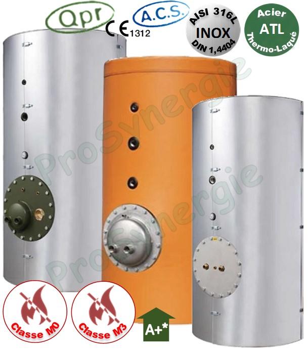 Ballon +Eco Tampon ECS 1000 Litres Vertical sur pieds ATL T<85°C -1 trous d´homme DN 400 Isolant Classe M0 ép.100mm - HxØ=1975x1100mm + Réchauffeur tubulaire 25KW (90/70°C -> 10/60°C)