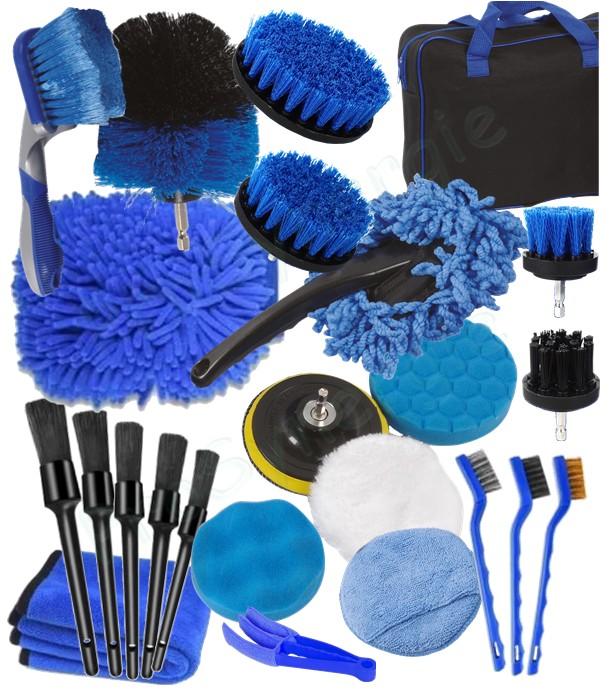 Kit de 26 accessoires de nettoyage : brosses à main et pour visseuse en plastique et brosses de polissage avec housse de rangement