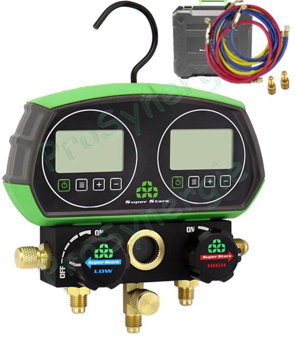 Manifold Bypass numérique 2 Voies corps laiton R32 R410A R407C R134A + trois flexibles avec vanne coupure 1/4'' et 5/16''