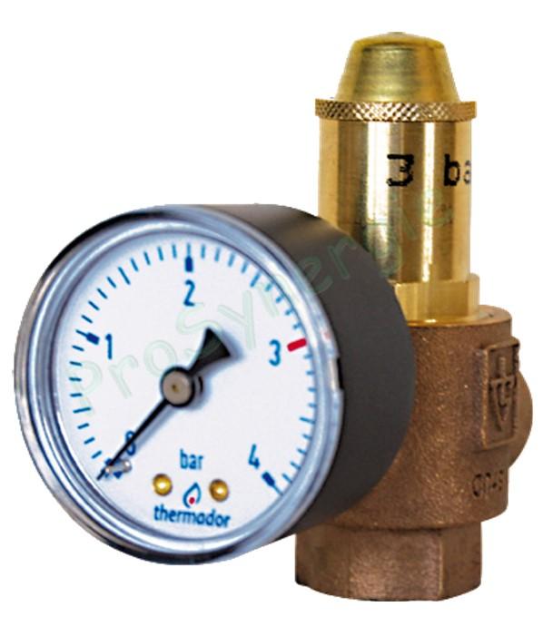 Soupape corps bronze 3 bars 120°C sûreté chauffage (P < 139 KW) avec mano - F Ø 1/2´´