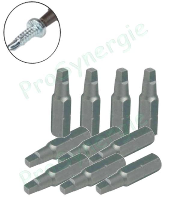 Lot de 10 embouts carrés R2 L25 (embase hexa 1/4'') pour visseuse pour vis autoforeuses d´assemblage de tuyaux acier de ventilation